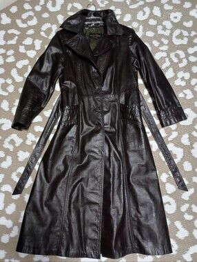 Long Dark Brown Leather Trench Coat - Women
